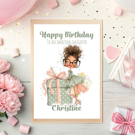 Birthday card for an amazing daughter with a girl illustration and decorative elements on a light surface.
