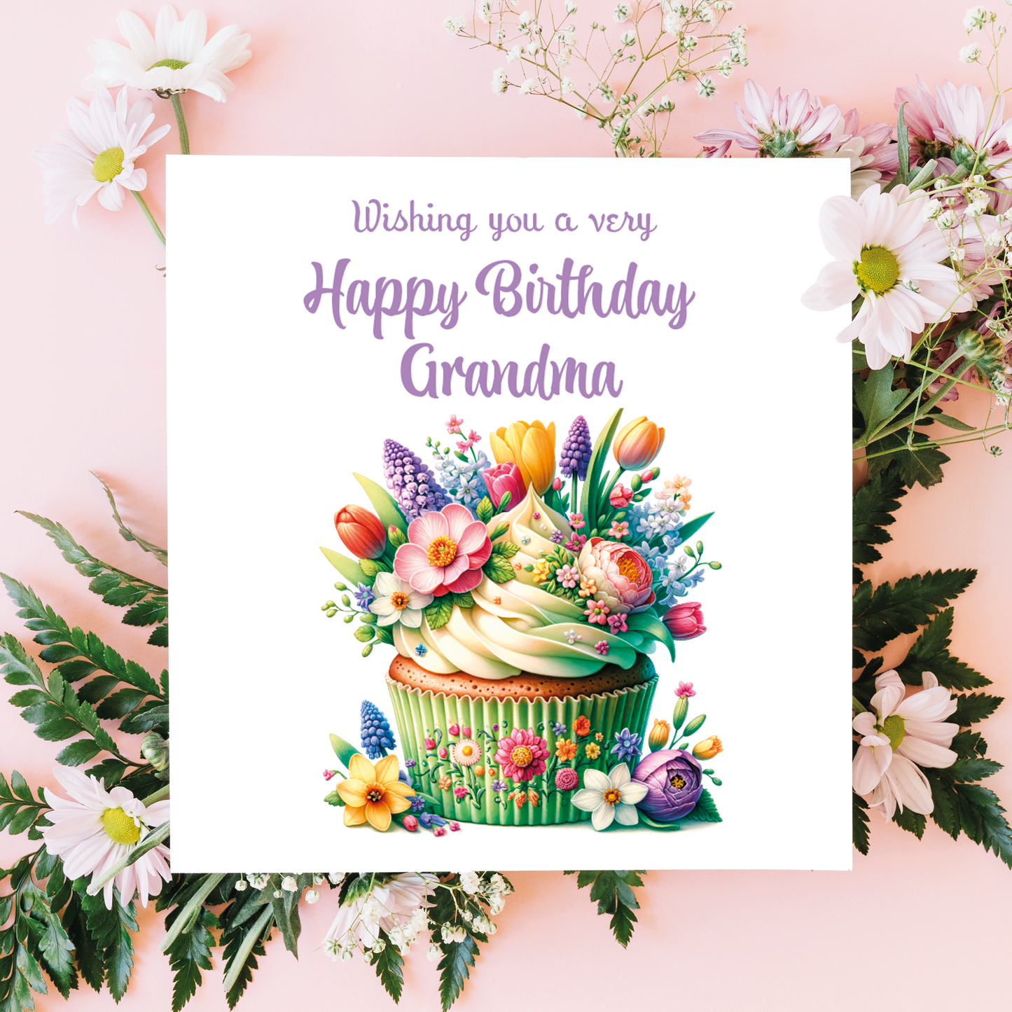 Birthday card for grandma with a floral cupcake design and pink background. Personalised for  name and relation 