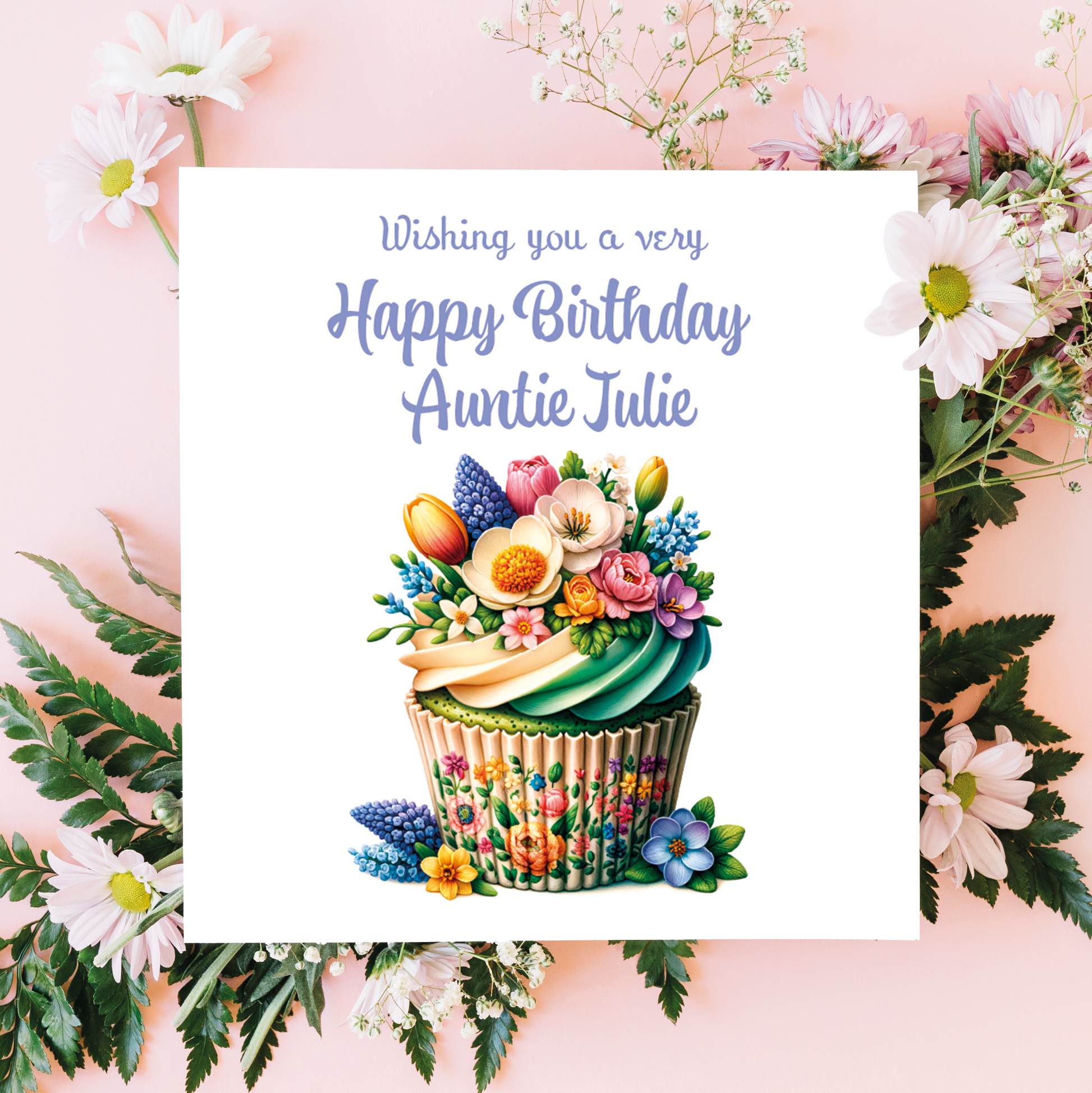 Birthday card with floral cupcake design and personalised message on a pink floral background. Personalised for   name and relation 