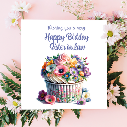 Greeting card with floral cupcake design and birthday message on a pink floral background. Personalised for  name and relation 