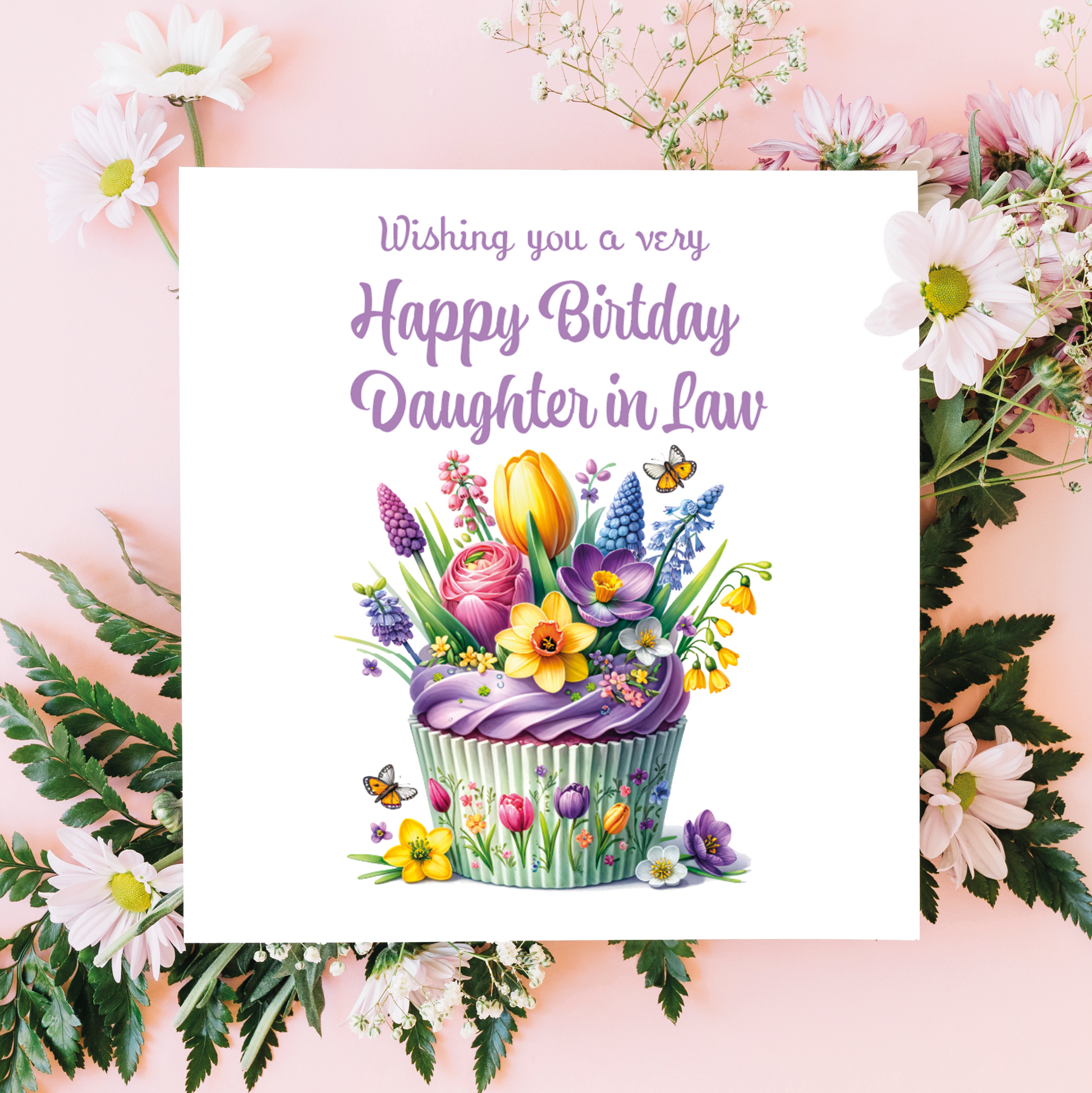 Greeting card with floral cupcake design and birthday message on a pink floral background. Personalised for  name and relation 