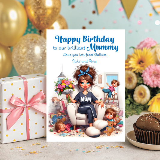 Birthday card for a mother with balloons, flowers, and a cupcake in the background. Can be Personalised for Mum,Mummy, Step Mummy or Step mum