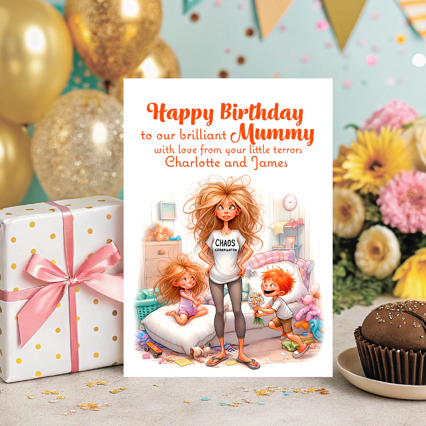 Birthday card for a mummy with children's illustrations and celebratory elements. Can be Personalised for Mum,Mummy, Step Mummy or Step mum