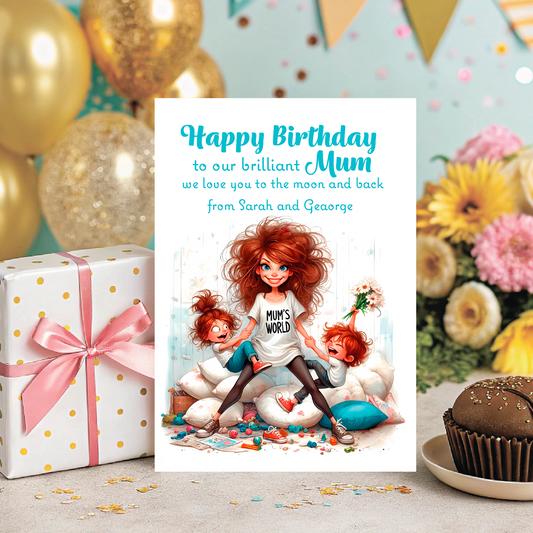 Birthday card for a mom with a cartoon illustration of a woman and two children, surrounded by balloons, flowers, and a gift. Can be Personalised for Mum,Mummy, Step Mummy or Step mum