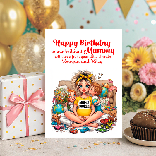 Birthday card for a mother with children and birthday decorations. Can be Personalised for Mum,Mummy, Step Mummy or Step mum