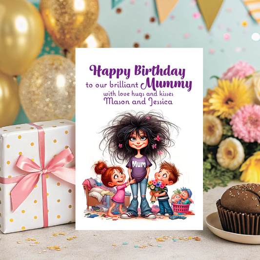 Birthday card for a mother with children, balloons, and flowers on a celebratory background. Can be Personalised for Mum,Mummy, Step Mummy or Step mum