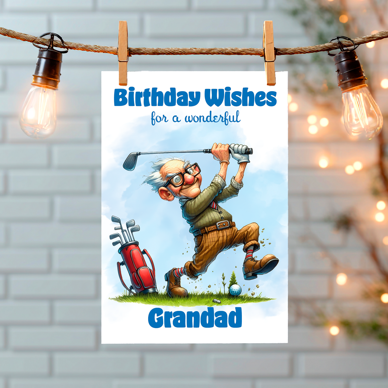 Birthday card for Grandad with a cartoon golfer on a string with lights. Can Be personalised for any male relation or a friend
