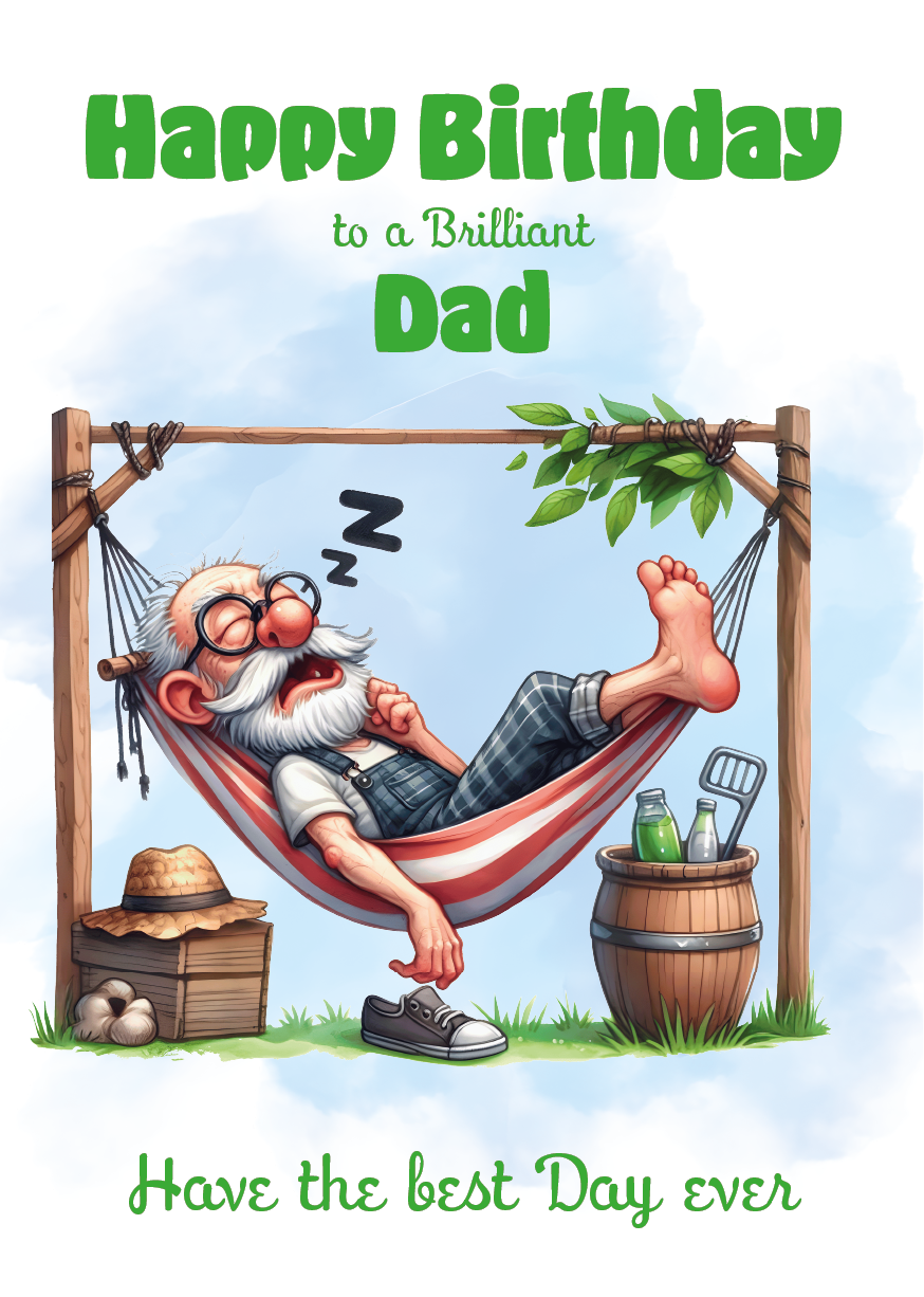 Cartoon father sleeping in a hammock with birthday wishes text. Can Be personalised for any male relation or a friend