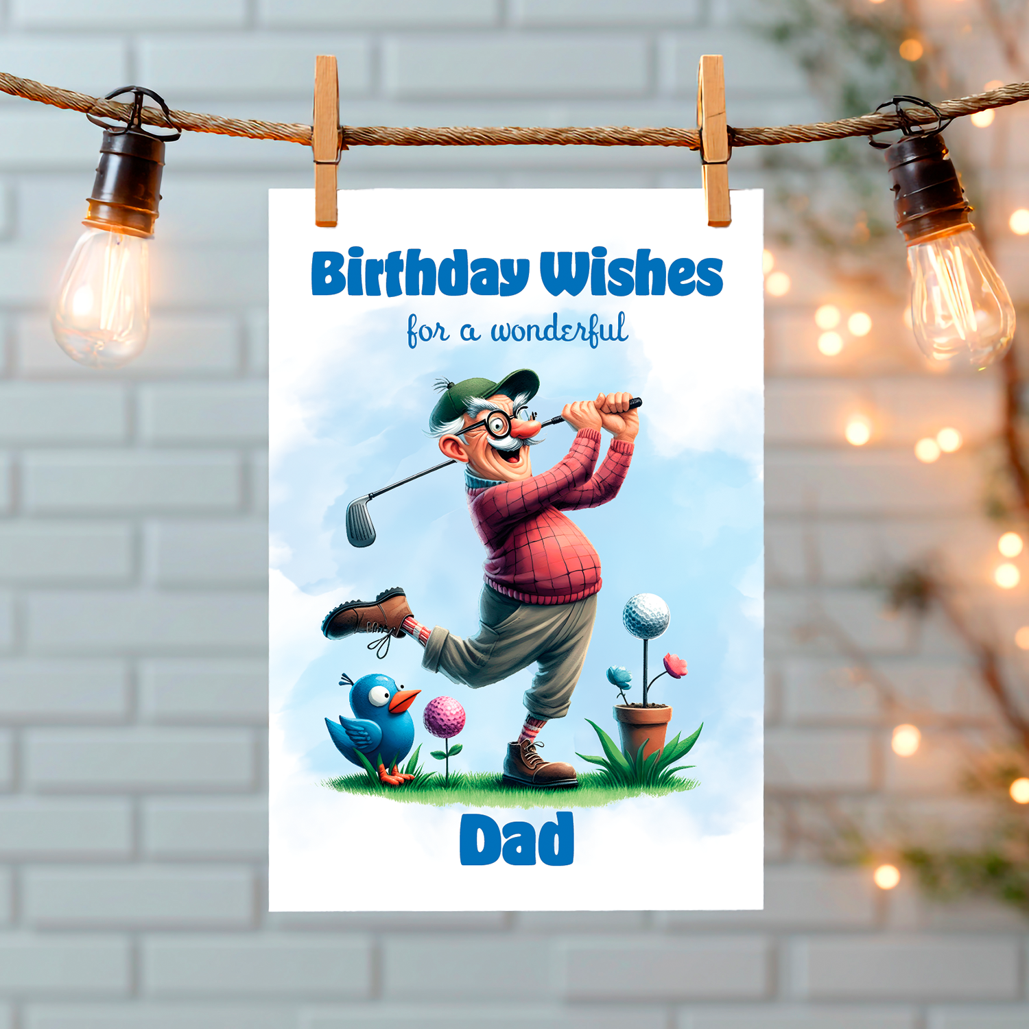 Birthday card for a wonderful dad with a cartoon character playing golf, hanging on a string with lights. Can Be personalised for any male relation or a friend