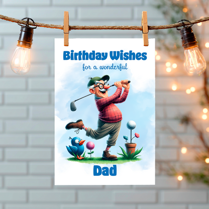Birthday card for a wonderful dad with a cartoon character playing golf, hanging on a string with lights. Can Be personalised for any male relation or a friend