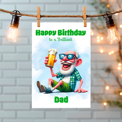 Birthday card for a dad with a cartoon character holding a beer, hanging on a string with lights. Can Be personalised for any male relation or a friend