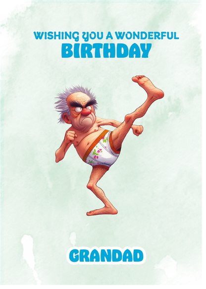 Cartoon character in a diaper kicking up legs with 'Wishing you a wonderful birthday Grandad' text on a light green background. Can Be personalised for any male relation or a friend