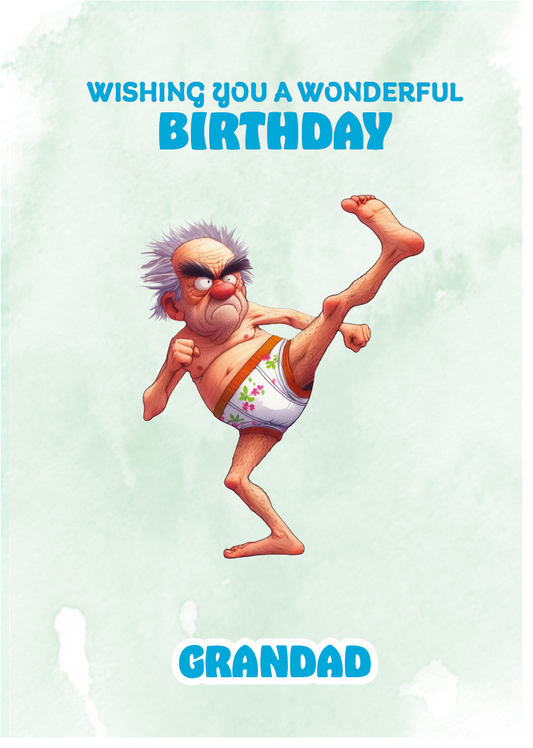 Cartoon character in a diaper kicking up legs with 'Wishing you a wonderful birthday Grandad' text on a light green background. Can Be personalised for any male relation or a friend