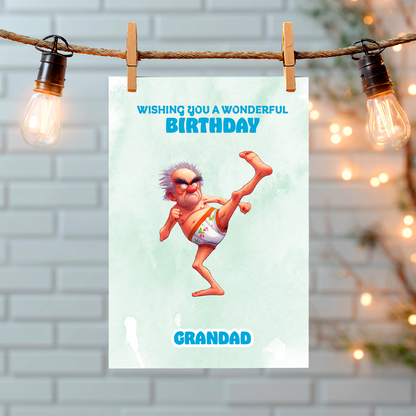 Birthday card with cartoon character hanging on a string with lights in the background. Can Be personalised for any male relation or a friend