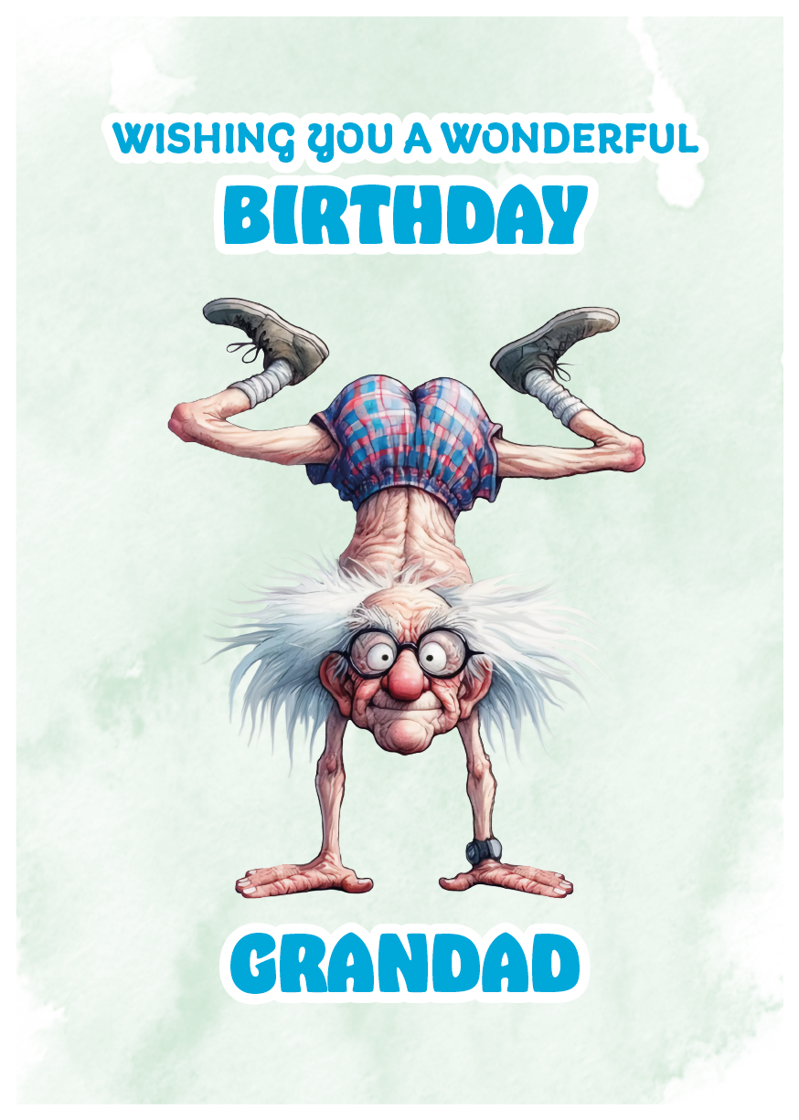Birthday card with cartoon character wishing a wonderful birthday to grandad on a light green background. Can Be personalised for any male relation or a friend