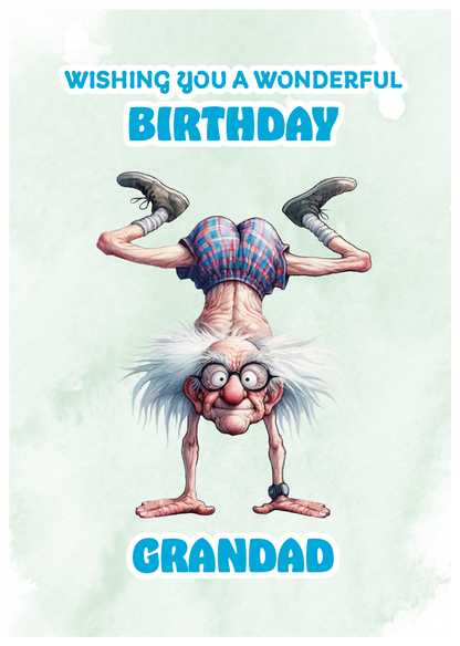 Birthday card with cartoon character wishing a wonderful birthday to grandad on a light green background. Can Be personalised for any male relation or a friend