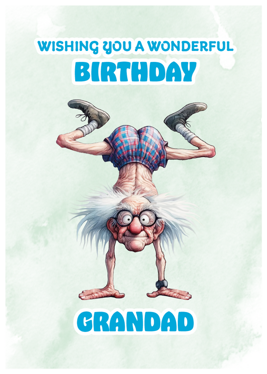 Birthday card with cartoon character wishing a wonderful birthday to grandad on a light green background. Can Be personalised for any male relation or a friend