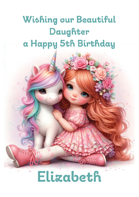 Illustration of a girl with a unicorn and flowers, with text wishing a 5th birthday to 'Elizabeth'.