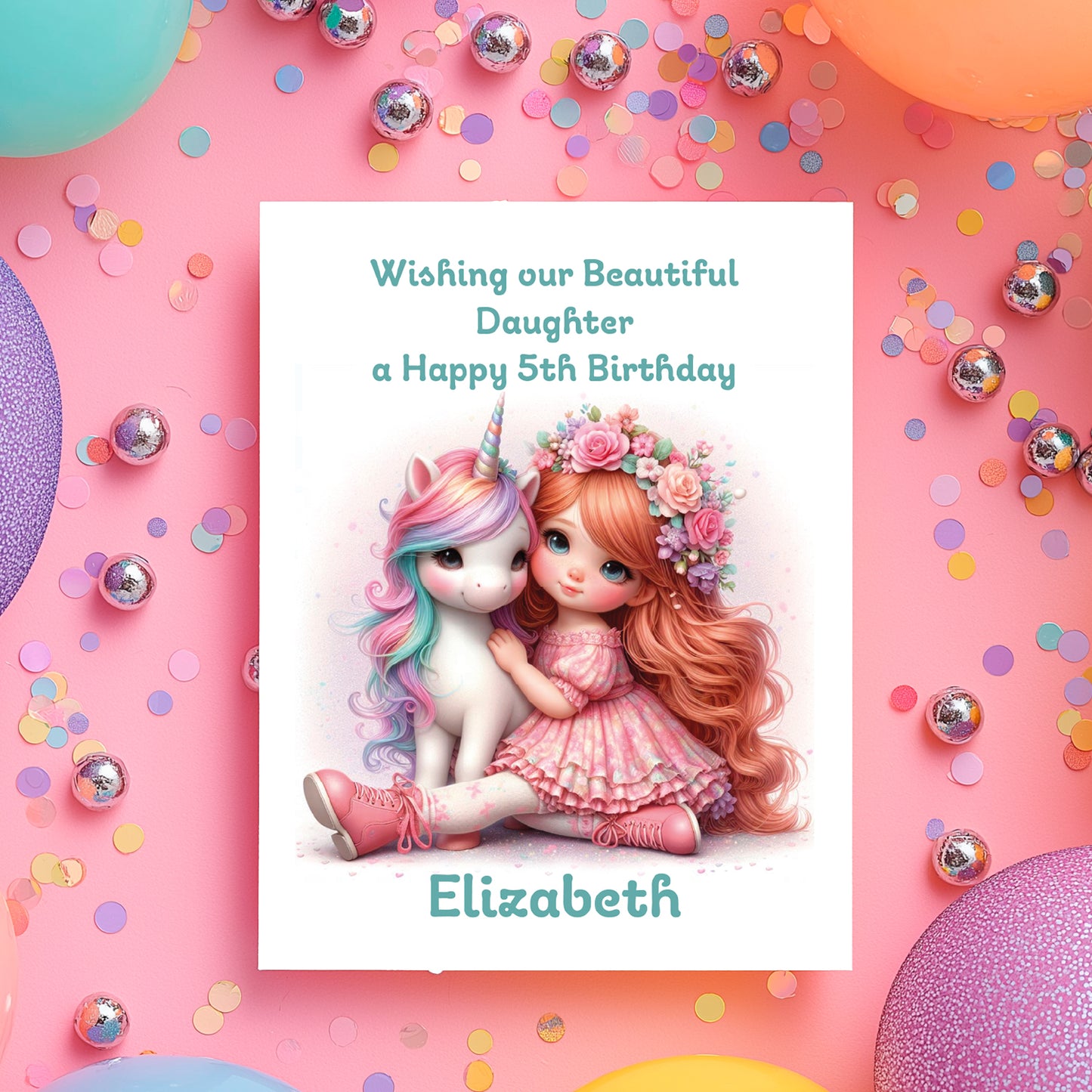 Birthday card with a girl and unicorn illustration, surrounded by colorful confetti and balloons.