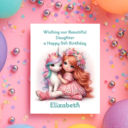 Birthday card with a girl and unicorn illustration, surrounded by colorful confetti and balloons.
