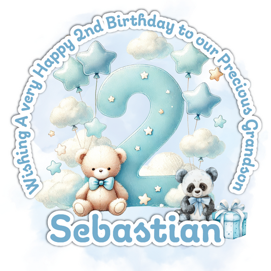 Happy 2nd birthday card with teddy bears, stars, and clouds on a light blue background.