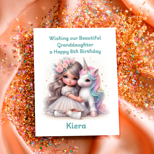Birthday card with a girl and unicorn illustration on a glittery background