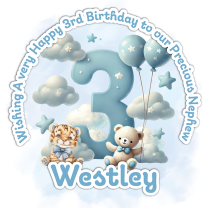 Happy 3rd birthday card with a tiger and teddy bear, balloons, and clouds on a light blue background.