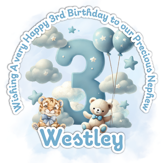 Happy 3rd birthday card with a tiger and teddy bear, balloons, and clouds on a light blue background.