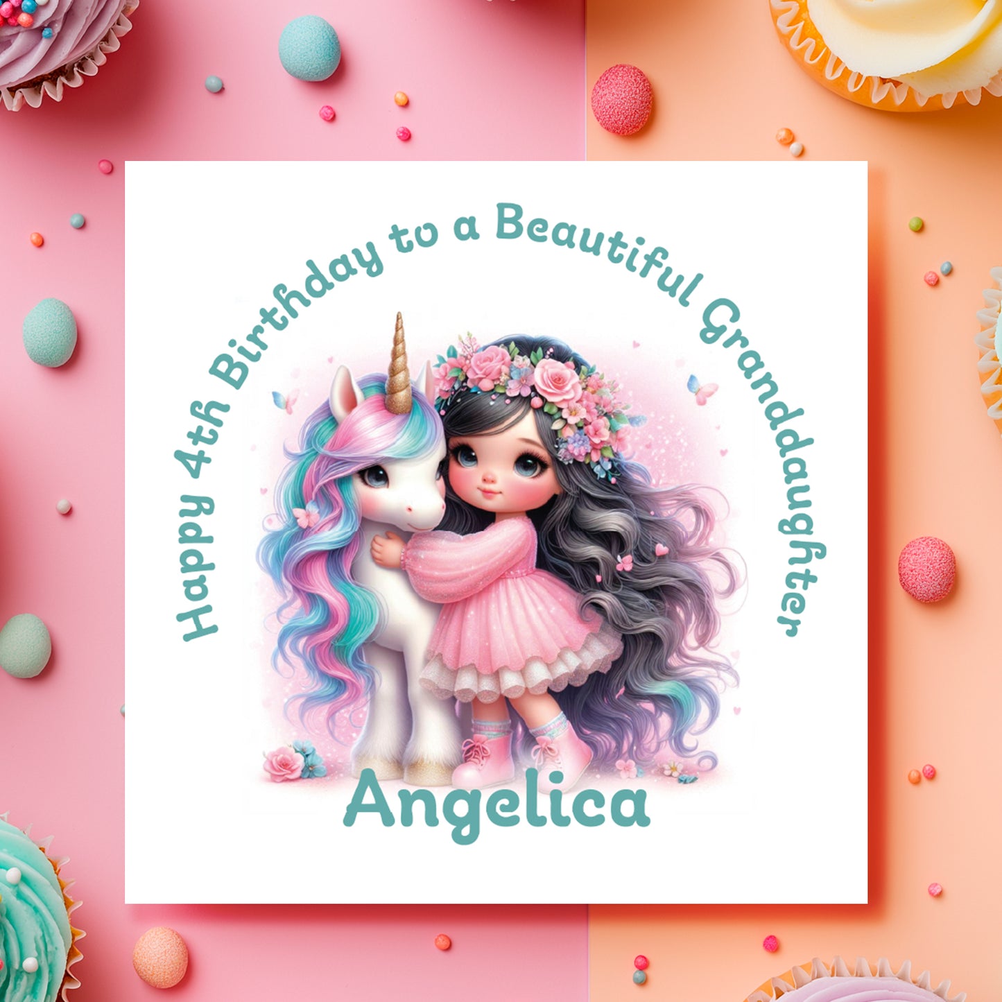 Birthday card with a girl and unicorn illustration on a colorful background