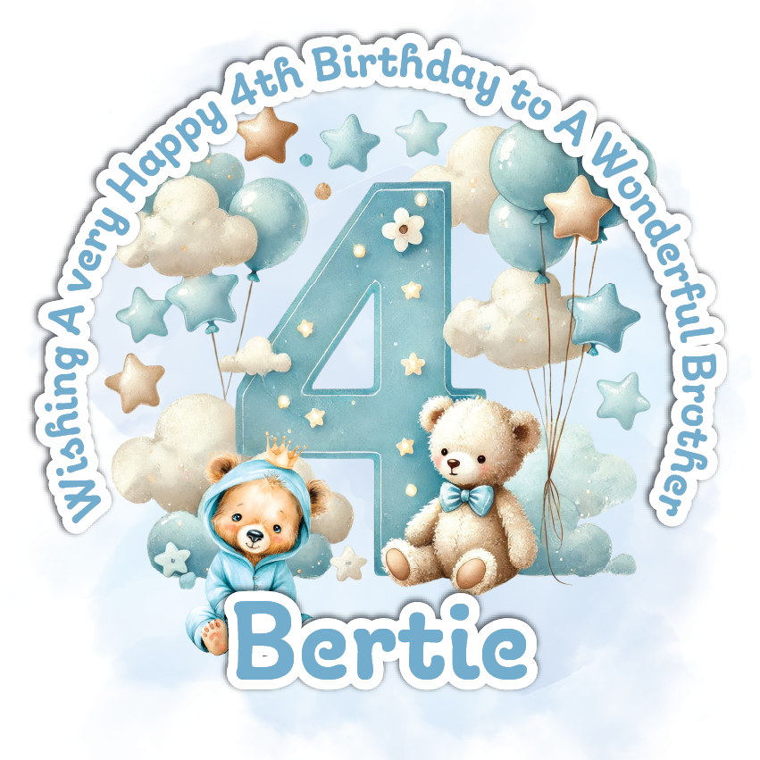 Happy 4th birthday card with teddy bears and balloons on a light blue background