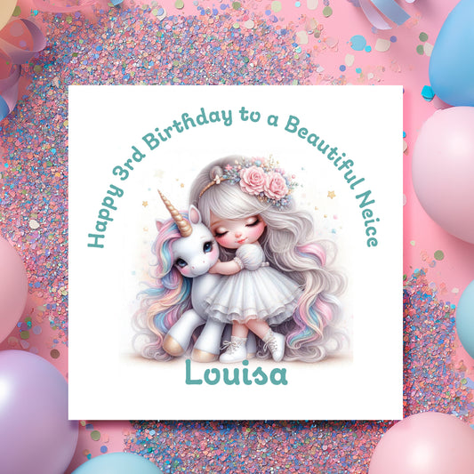 Birthday card with a girl and unicorn illustration on a colorful confetti and balloon background.