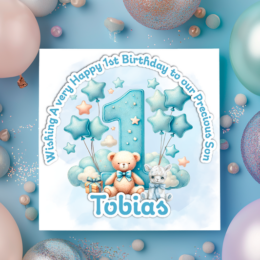 Happy 1st birthday card with teddy bears and balloons on a blue background with balloons.