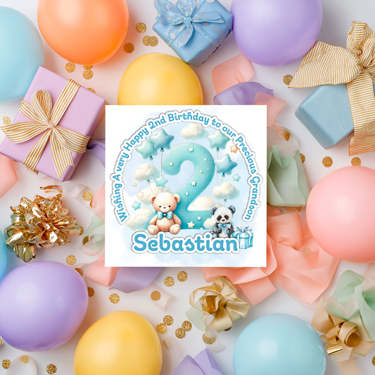 Happy 2nd birthday card with balloons, gifts, and confetti on a white background