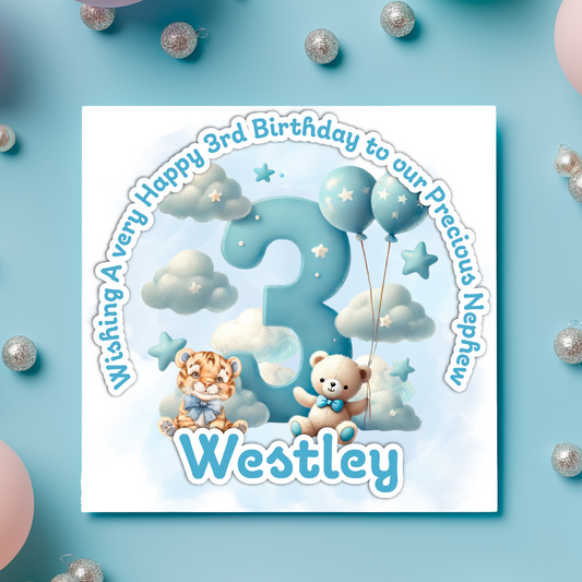 Birthday card with teddy bear, tiger, and number 3 on a blue background