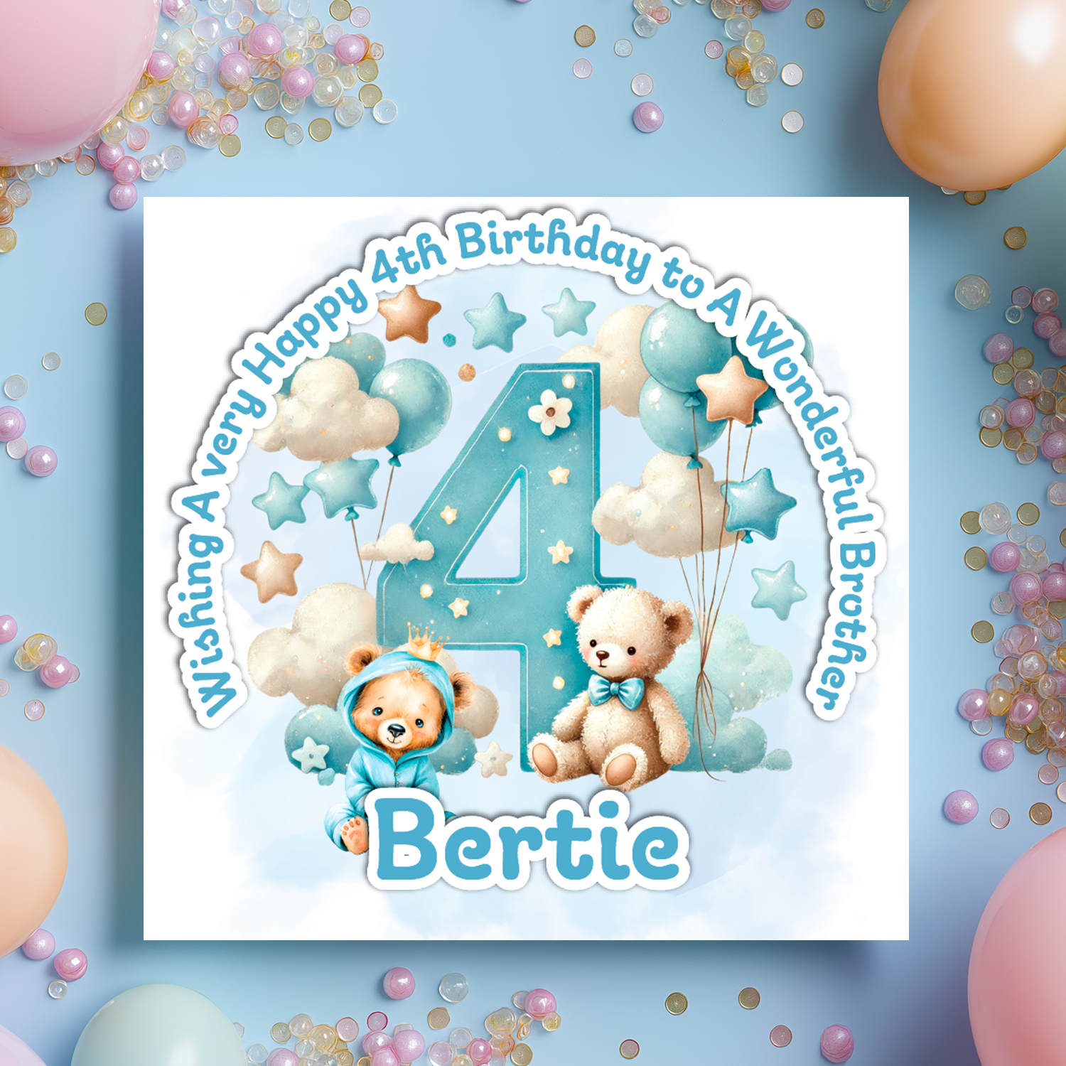 Happy 4th birthday card with teddy bears and balloons on a blue background