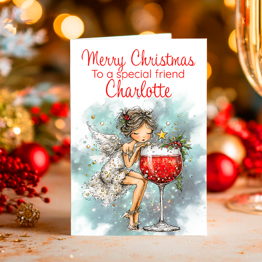 Christmas card with fairy holding a wine glass, surrounded by festive decorations.
