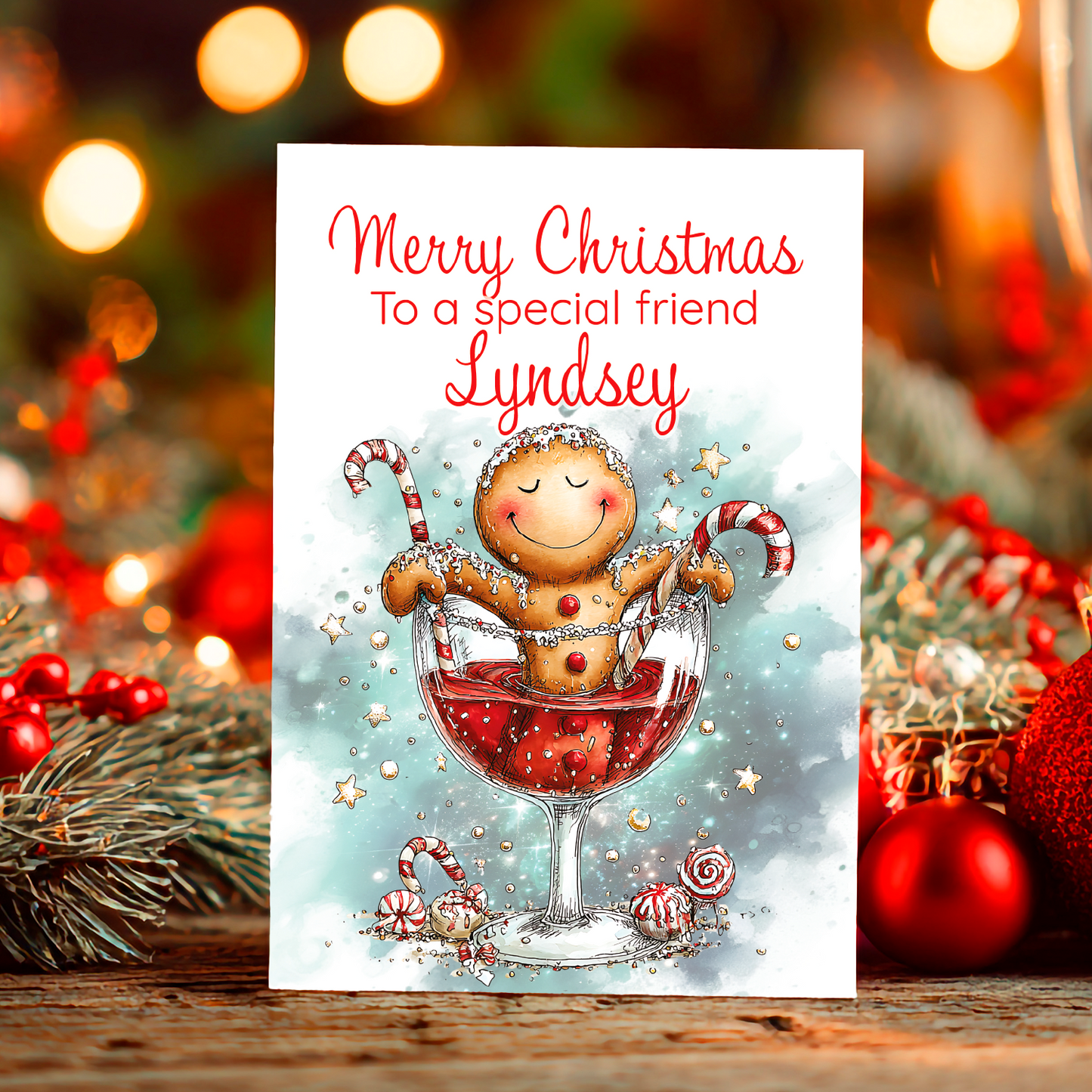 Christmas card with a gingerbread man in a wine glass and personalized message against a festive background.