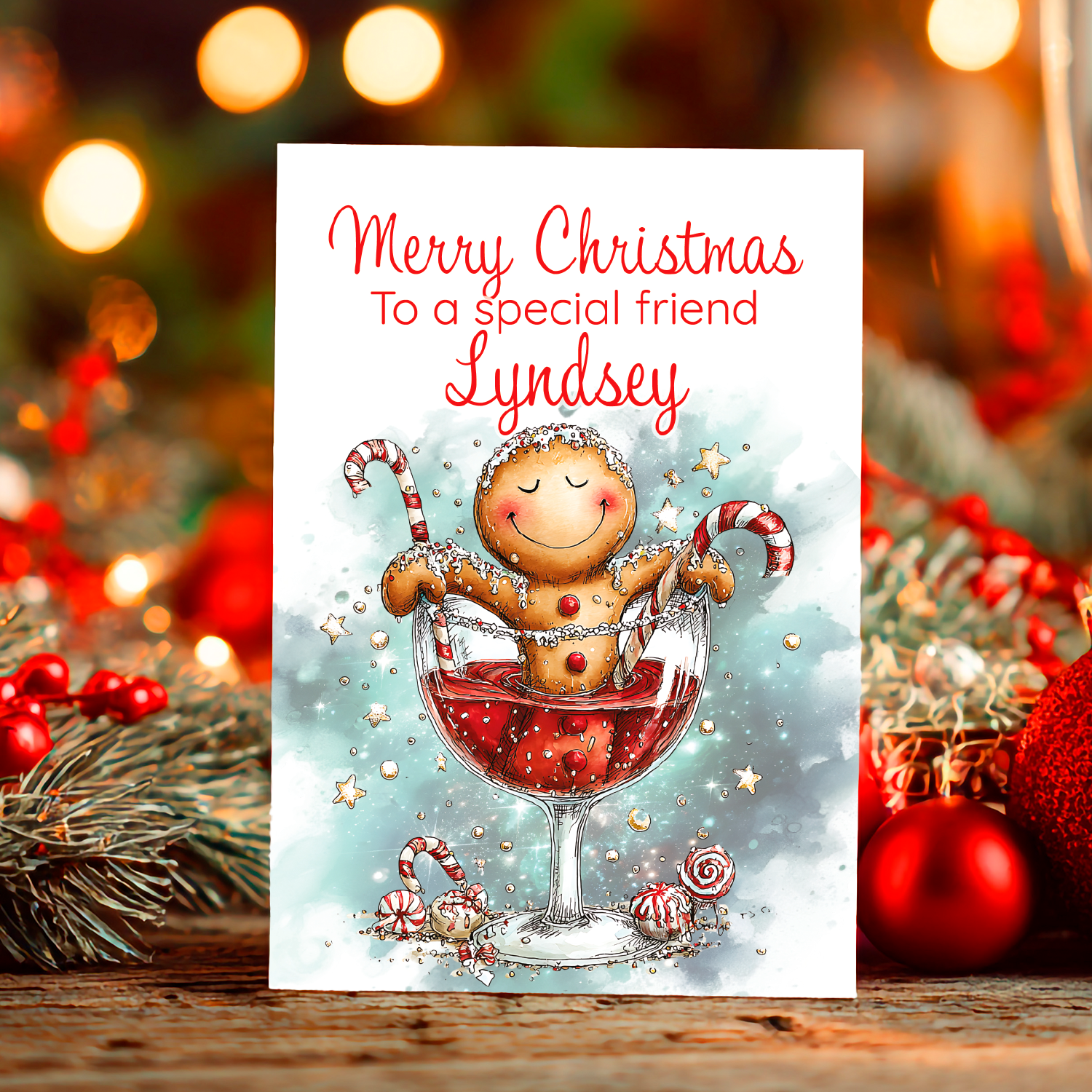 Christmas card with a gingerbread man in a wine glass and personalized message against a festive background.