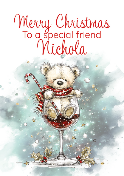 Christmas card with a teddy bear in a wine glass and personalized text on a light blue background.