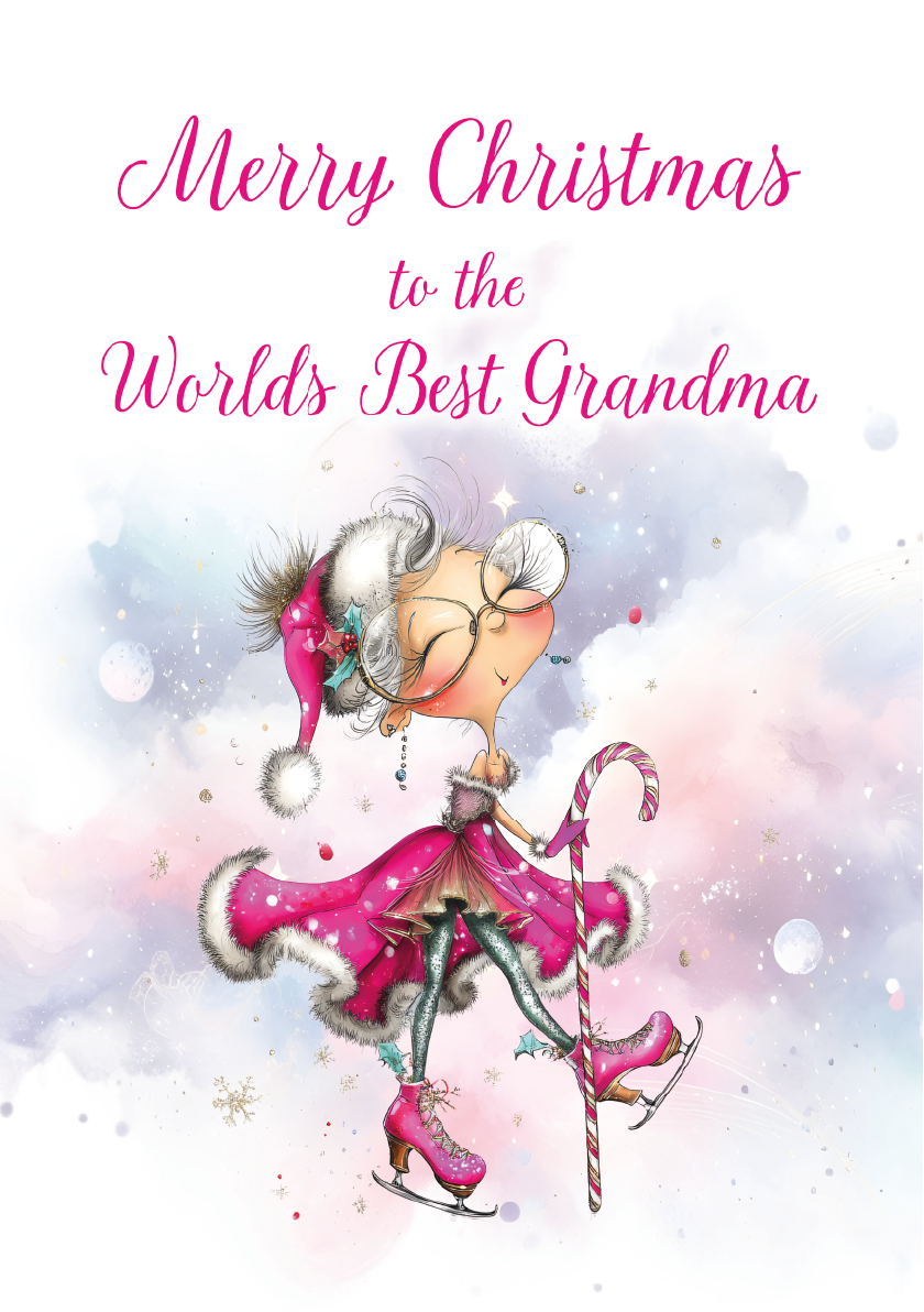 Illustration of a grandmother character with text 'Merry Christmas to the World's Best Grandma' on a snowy background.