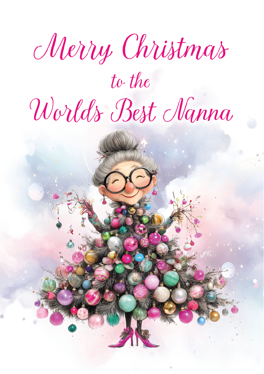 Christmas card with a cartoon character dressed as a Christmas tree, wearing glasses and high heels, with 'Merry Christmas to the World's Best Nanna' text.