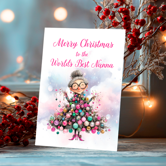 Christmas card with a cartoon character of a woman with a Christmas tree, surrounded by red berries and blurred lights.