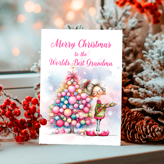 Christmas card for the world's best grandma with a colorful tree and snowy background.