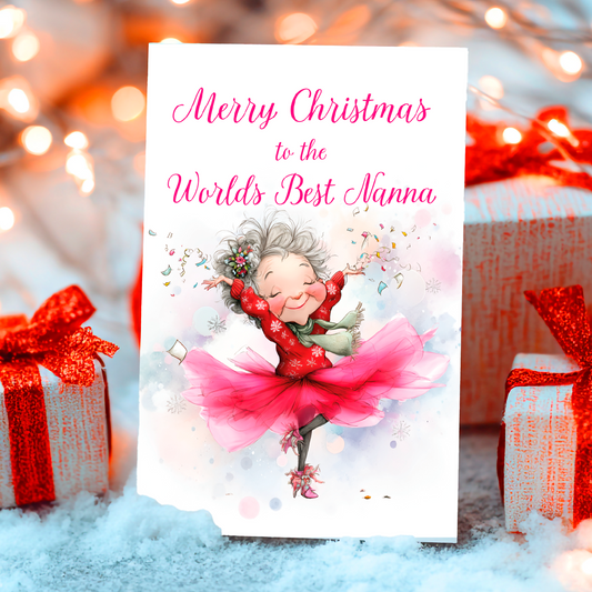 Christmas card with illustration of a woman in a red dress and text 'Merry Christmas to the World's Best Nanna' against a festive background.