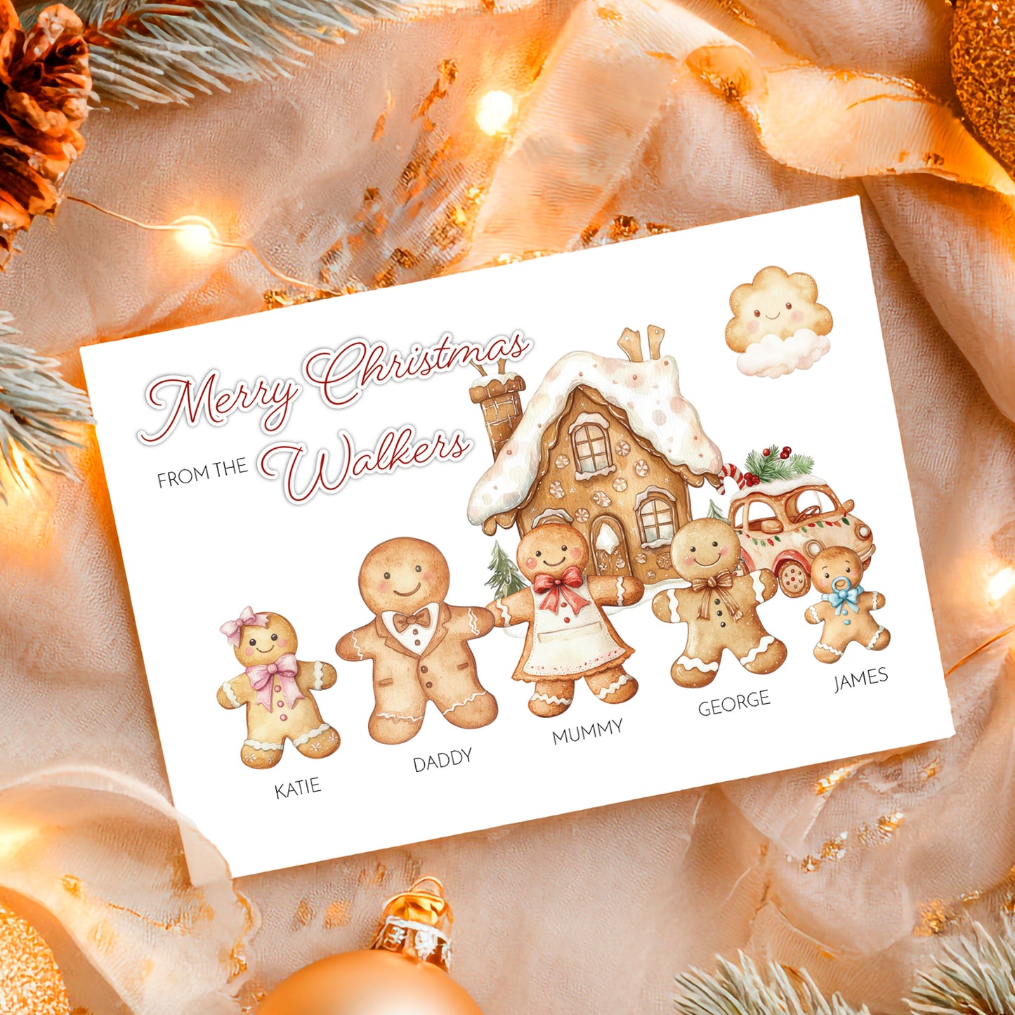Personalized Christmas card with gingerbread family design on a festive background.