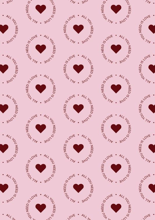 Pattern of hearts and text 'All you need is love' on a pink background