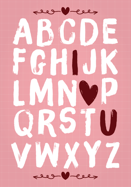 Alphabetical letters on a pink background with red hearts
