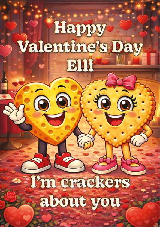 Valentine's Day card with cartoon heart and cracker characters, hearts, and 'Happy Valentine's Day Elli' text.