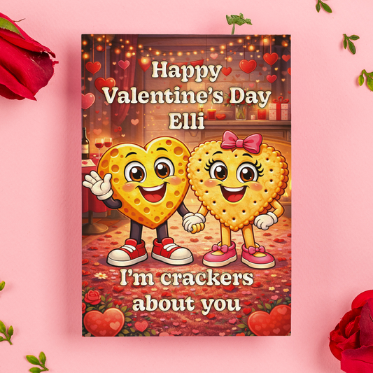 Valentine's Day card with cartoon crackers and personalized text on a pink background with roses.