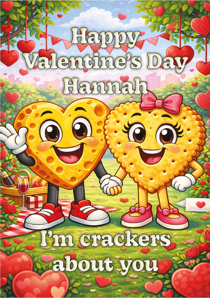 Valentine's Day card with cartoon characters and text 'Happy Valentine's Day Hannah. I'm crackers about you.'